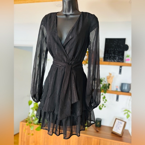 Japna Dresses & Skirts - Japna Black Metallic Stripe Wrap Dress – Size Small